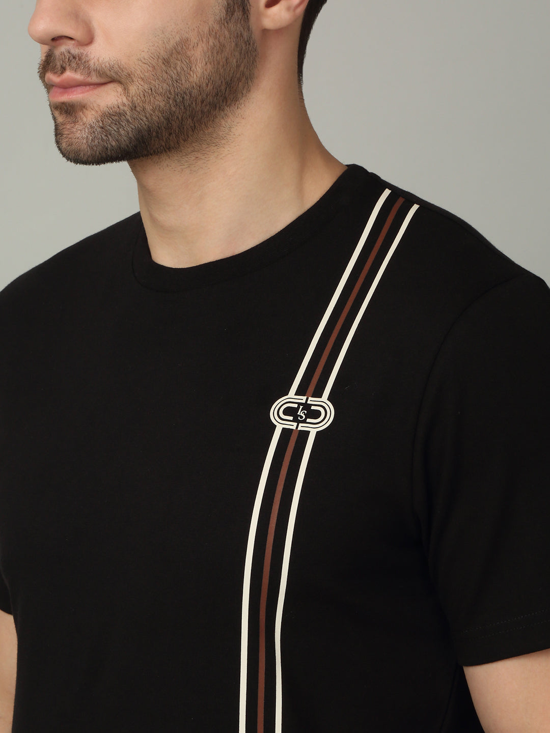 Men's Super Combed Cotton Stripes Printed Black T-shirt