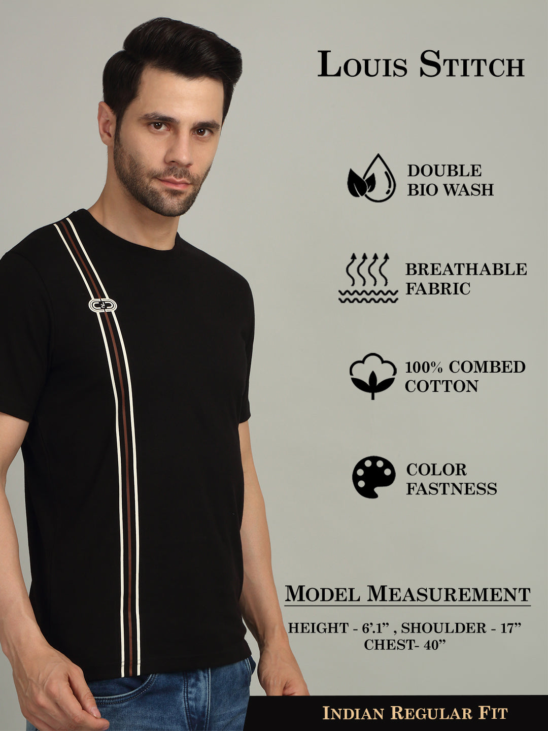 Men's Super Combed Cotton Stripes Printed Black T-shirt