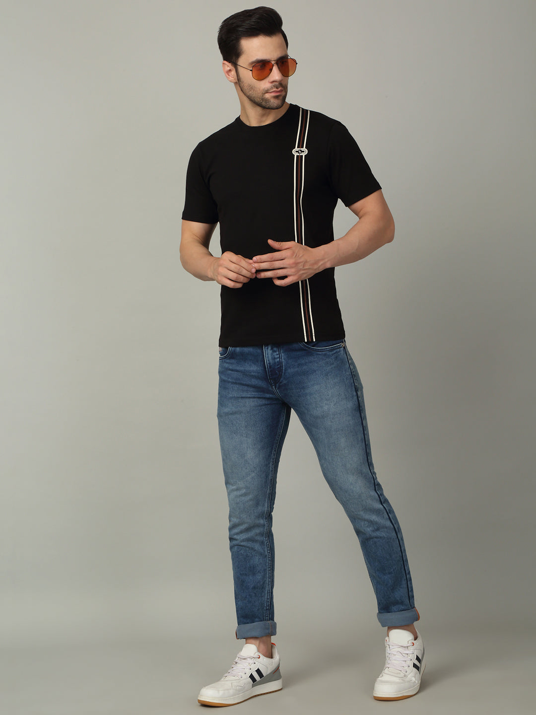 Men's Super Combed Cotton Stripes Printed Black T-shirt