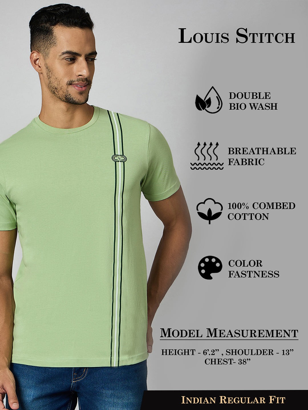 Men's Super Combed Cotton Pastel Green Regular Fit Half Sleeve Round Neck T-Shirt