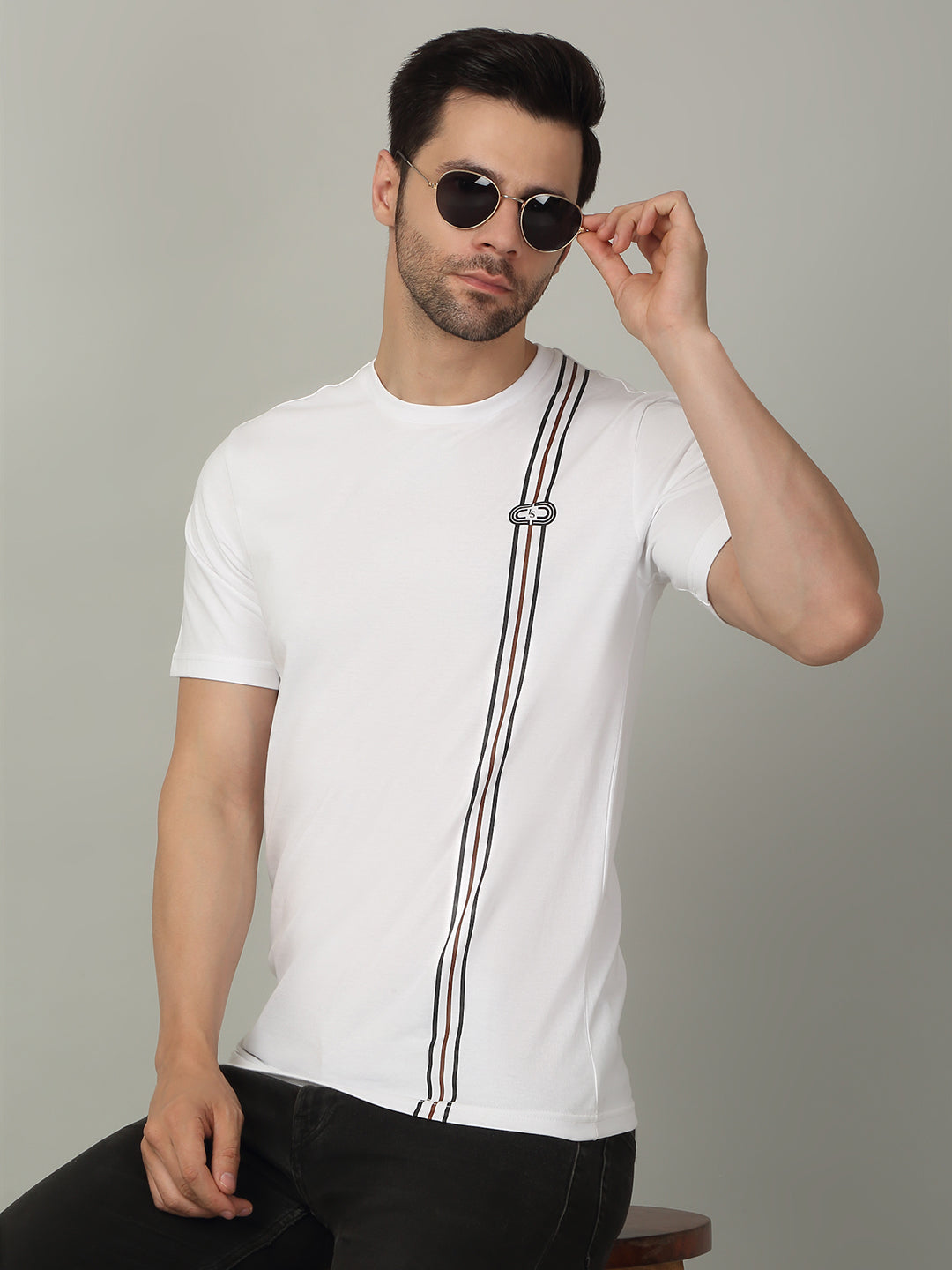 Men's Super Combed Cotton Stripes Printed White T-shirt