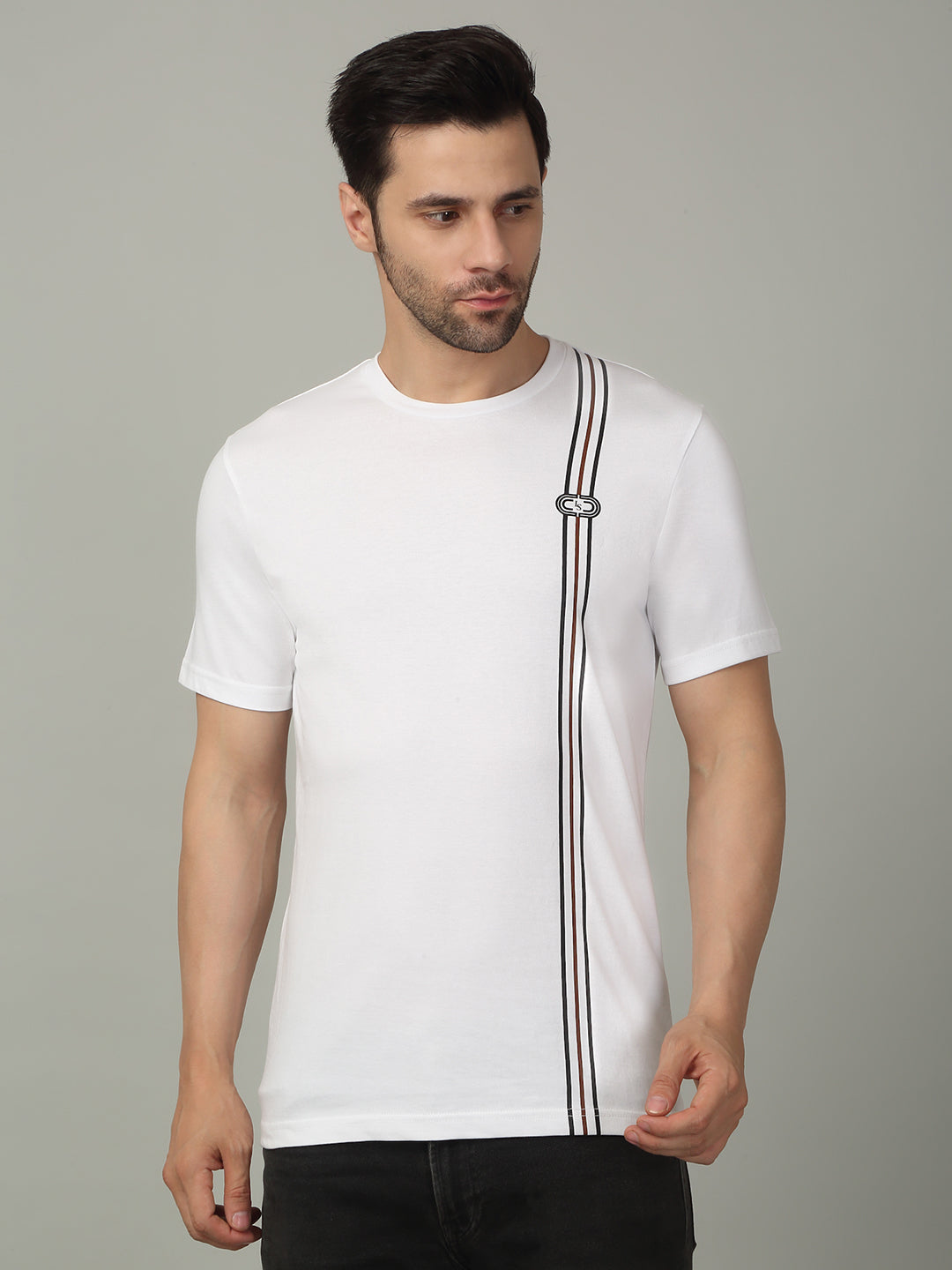 Men's Super Combed Cotton Stripes Printed White T-shirt