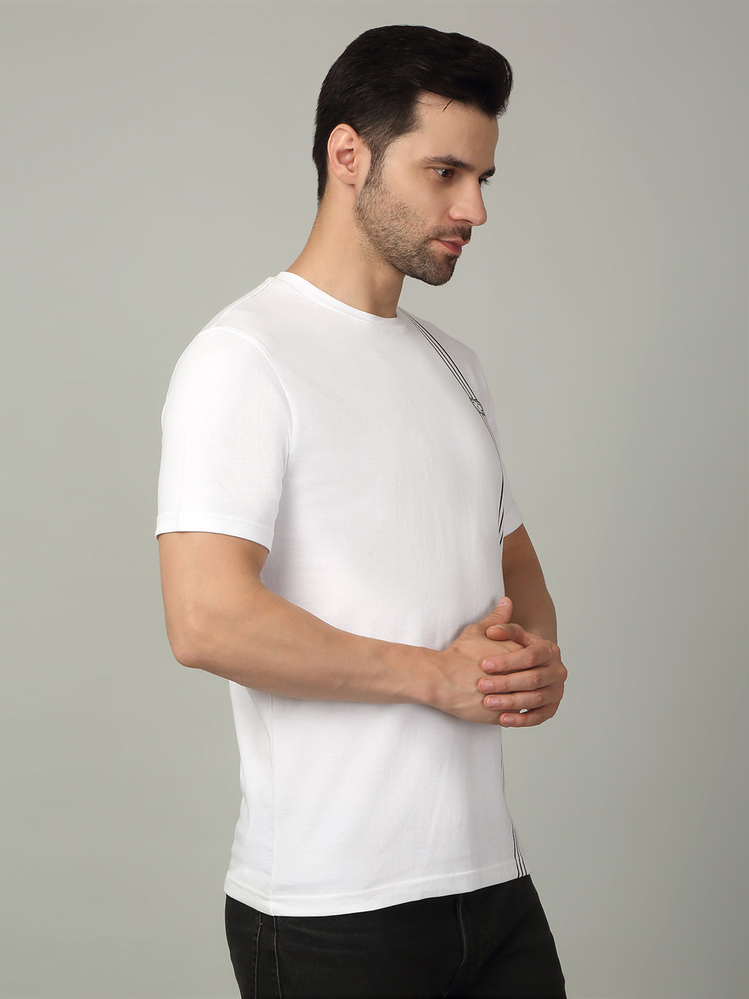 Men's Super Combed Cotton Stripes Printed White T-shirt