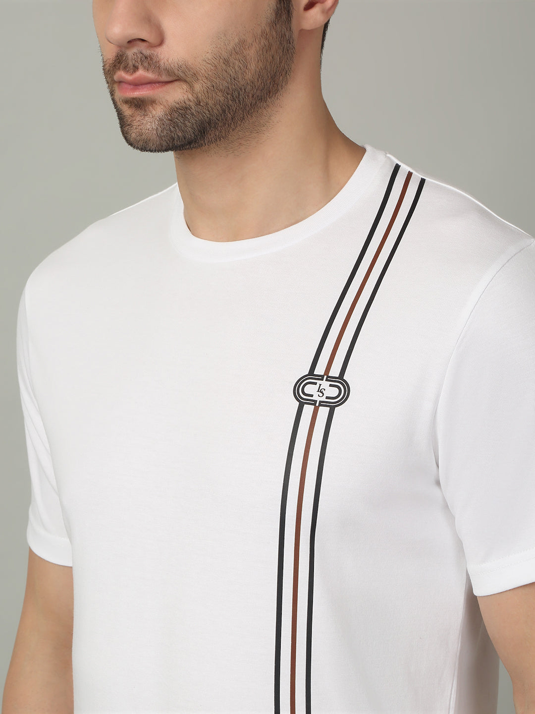 Men's Super Combed Cotton Stripes Printed White T-shirt