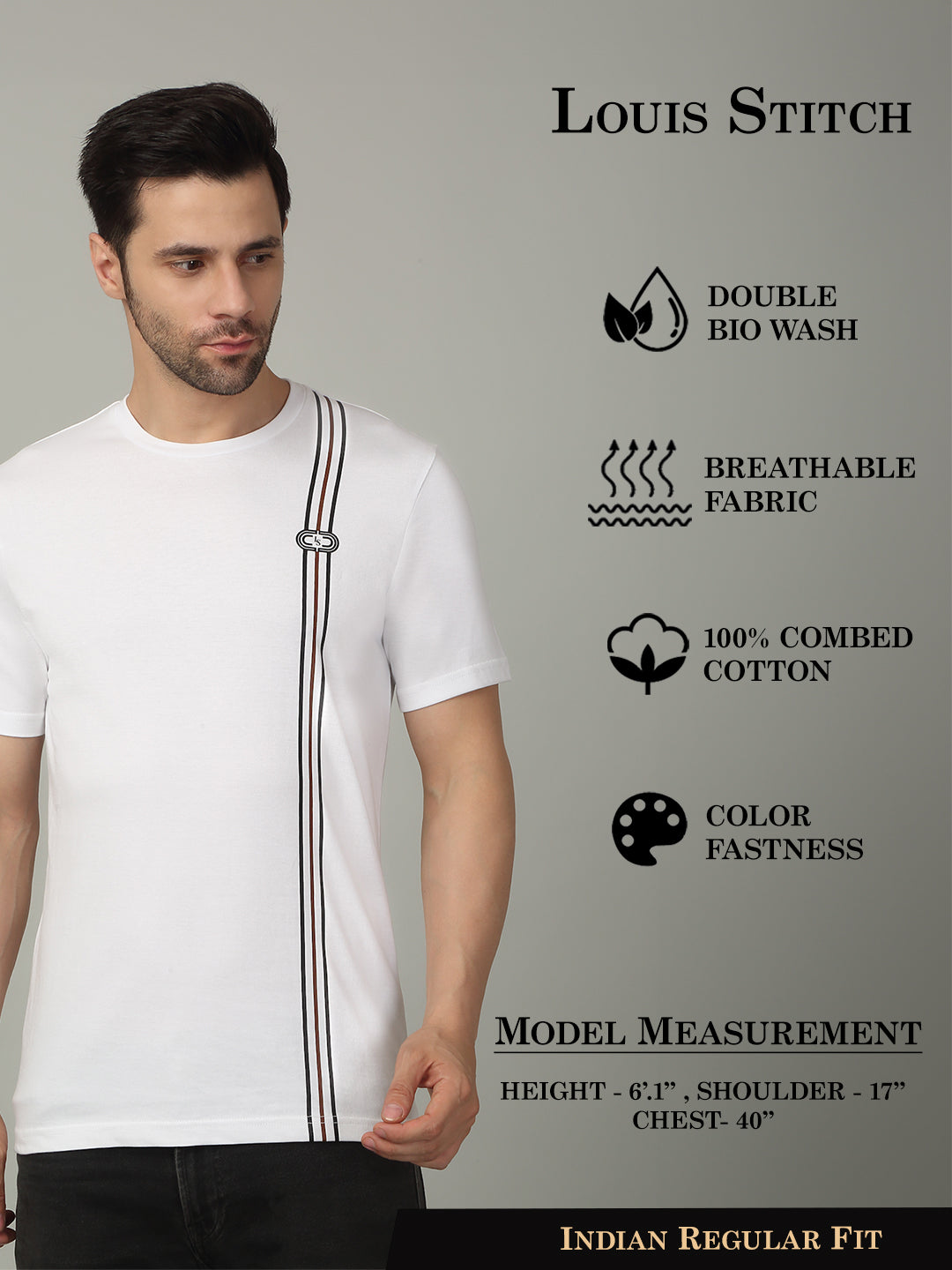 Men's Super Combed Cotton Stripes Printed White T-shirt