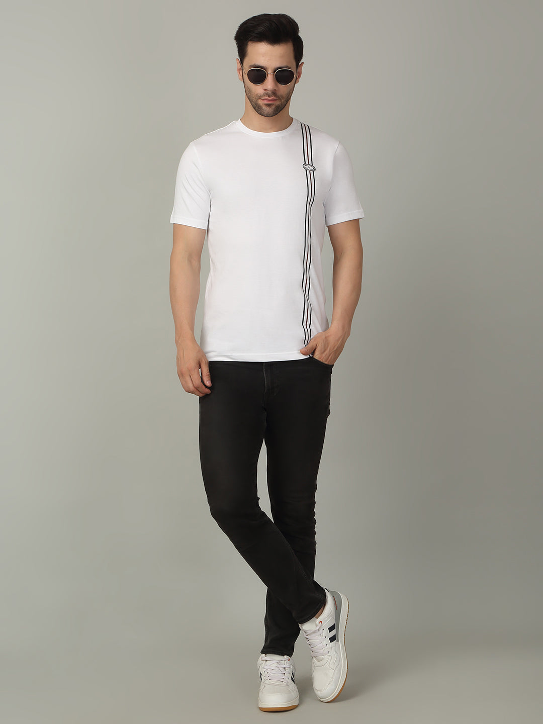 Men's Super Combed Cotton Stripes Printed White T-shirt