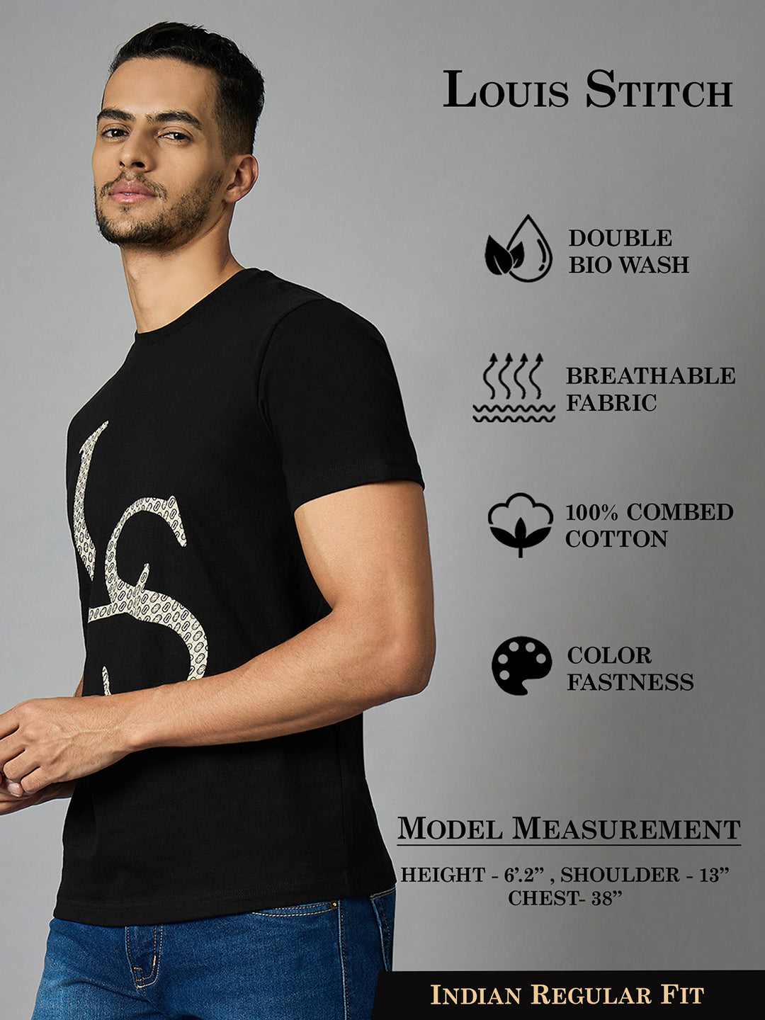 Men's Super Combed Cotton Black Regular Fit Half Sleeve Round Neck T-Shirt