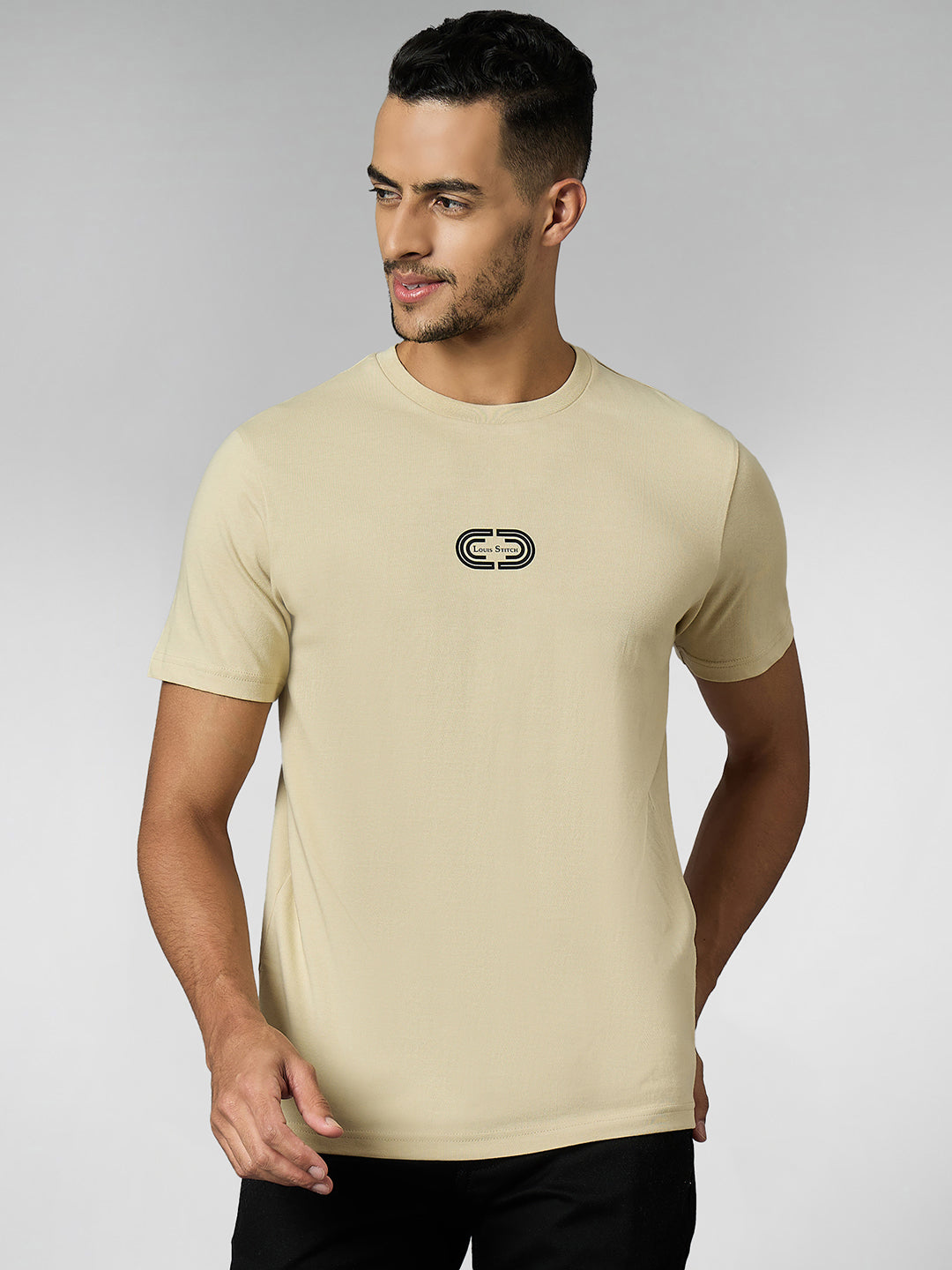 Men's Super Combed Cotton Cream Regular Fit Half Sleeve Round Neck T-Shirt
