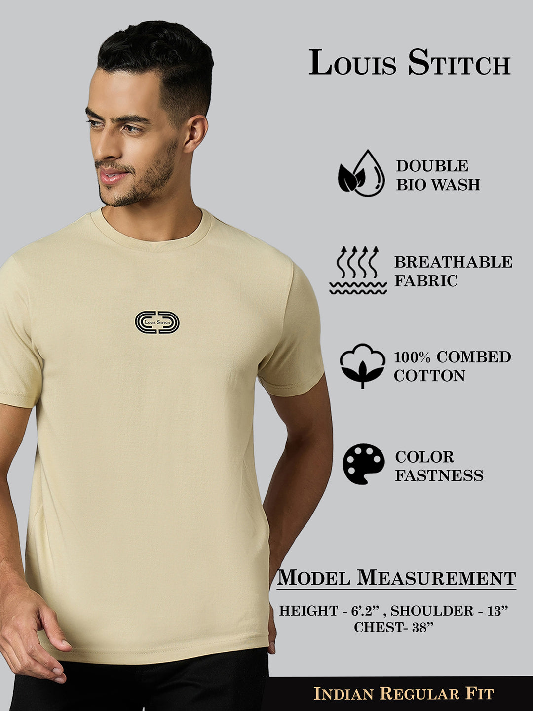 Men's Super Combed Cotton Cream Regular Fit Half Sleeve Round Neck T-Shirt