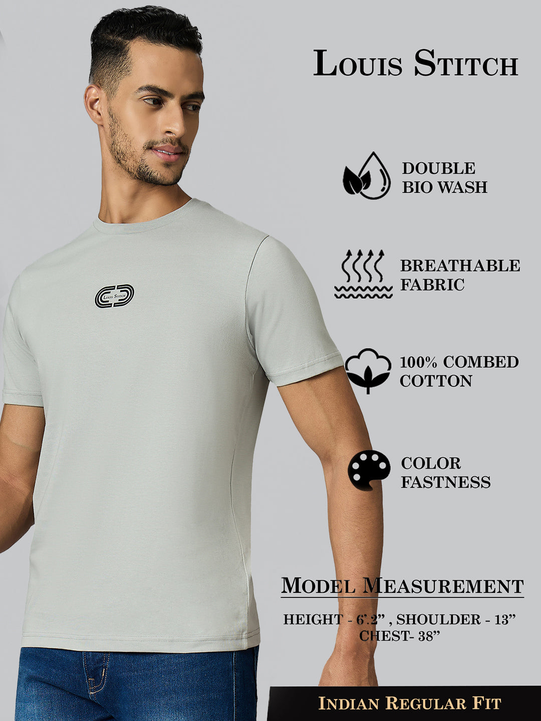 Men's Super Combed Cotton Grey Regular Fit Half Sleeve Round Neck T-Shirt