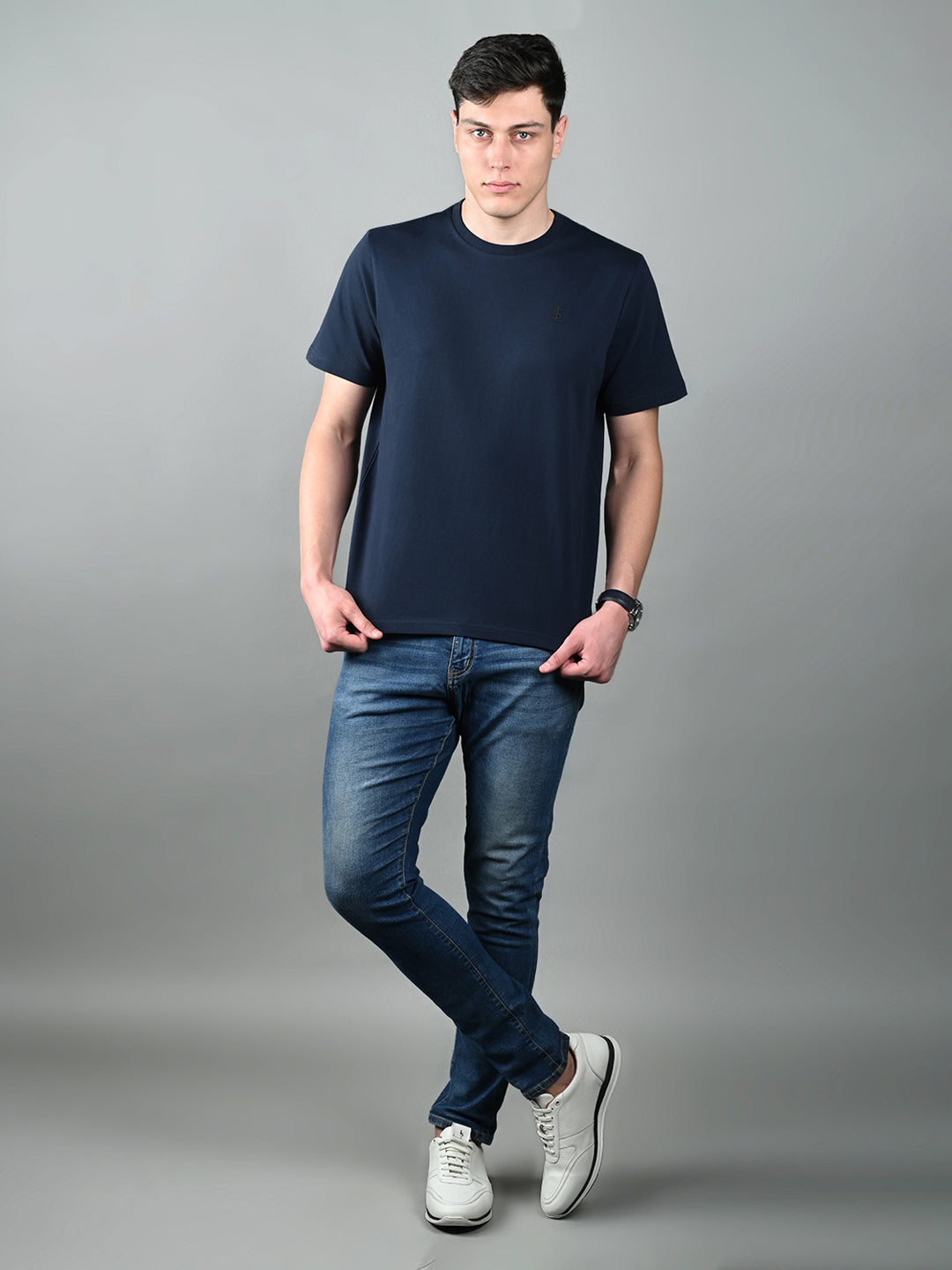 Men's Navy Blue Super Combed Cotton Printed T-shirt