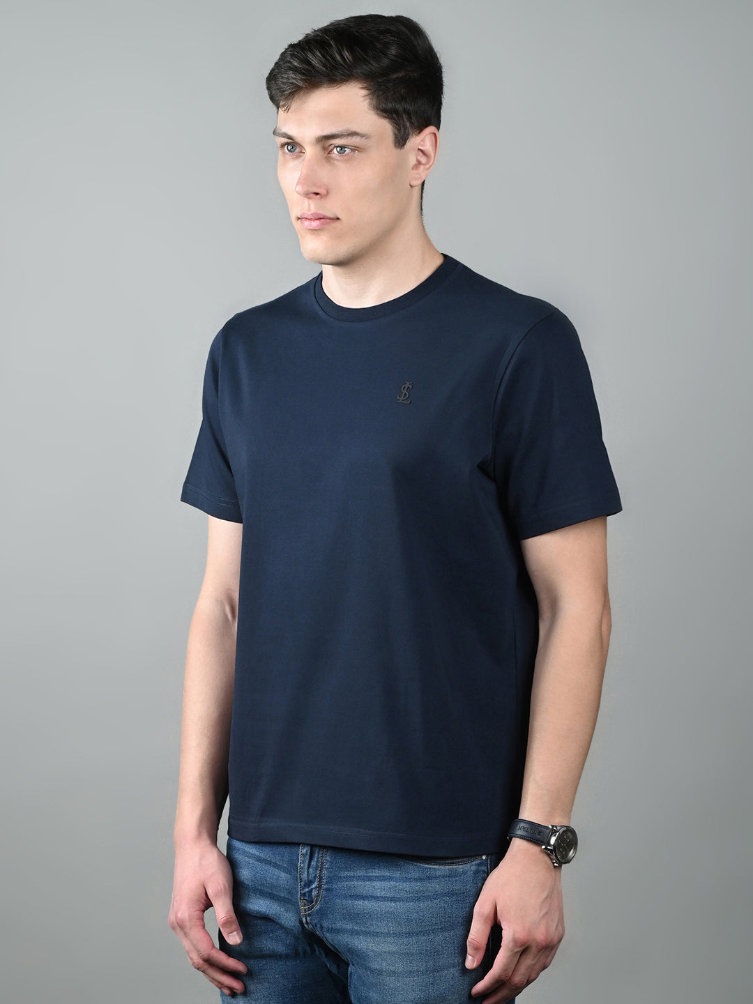 Men's Navy Blue Super Combed Cotton Printed T-shirt