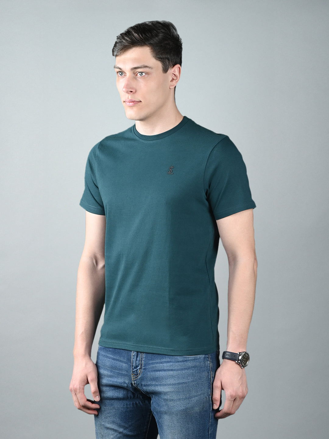 Men's Teal Green Super Combed Cotton Printed T-shirt