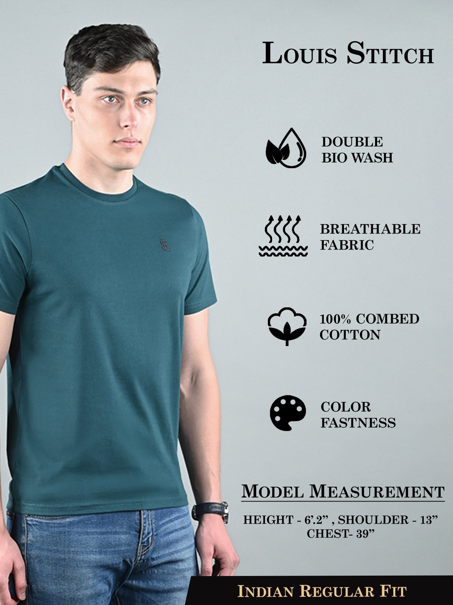Men's Teal Green Super Combed Cotton Printed T-shirt