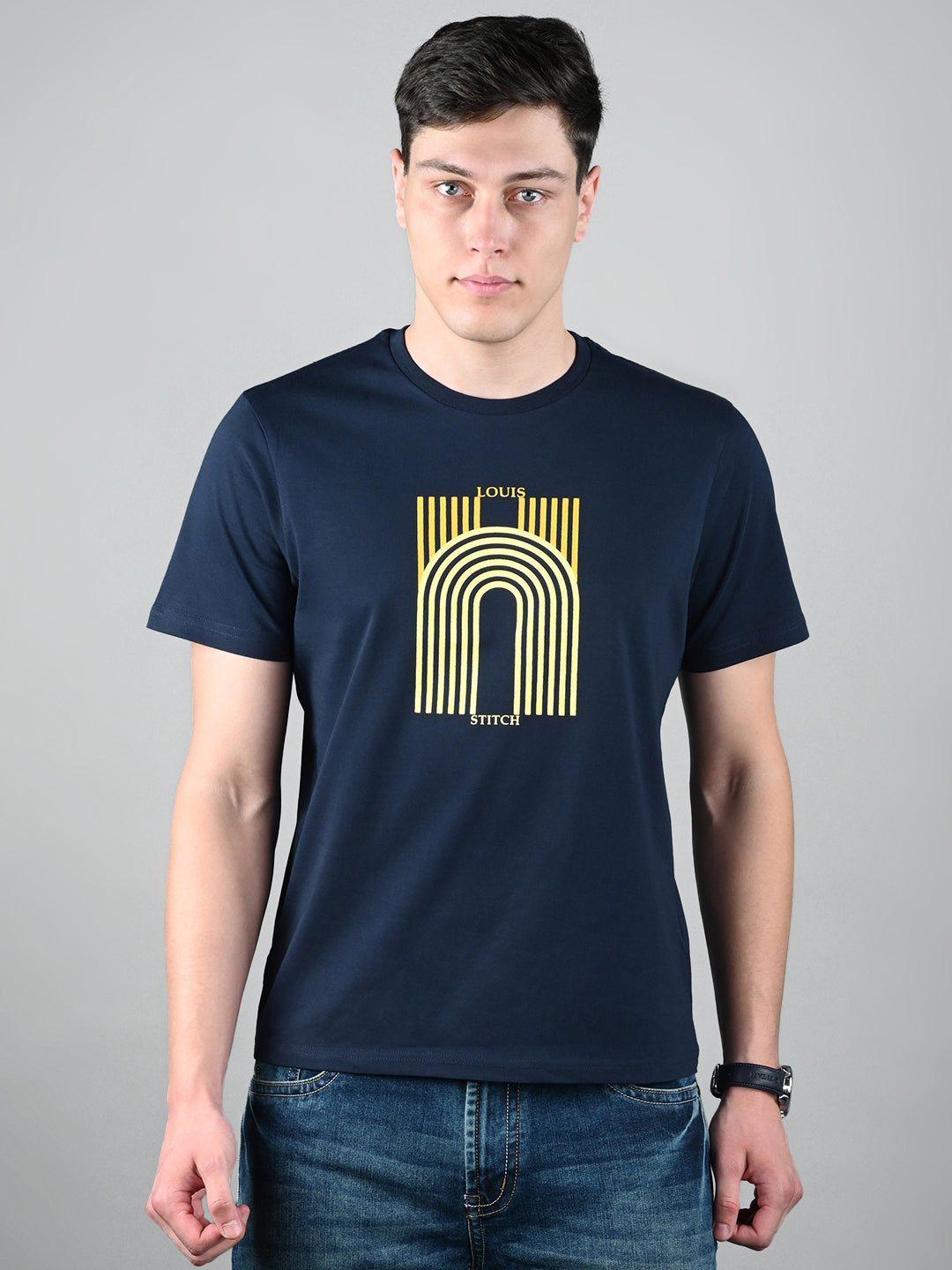 Men's Navy Blue Super Combed Cotton Printed T-shirt