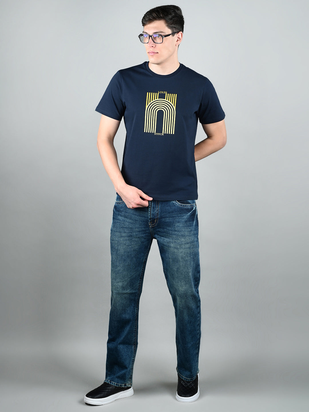 Men's Navy Blue Super Combed Cotton Printed T-shirt
