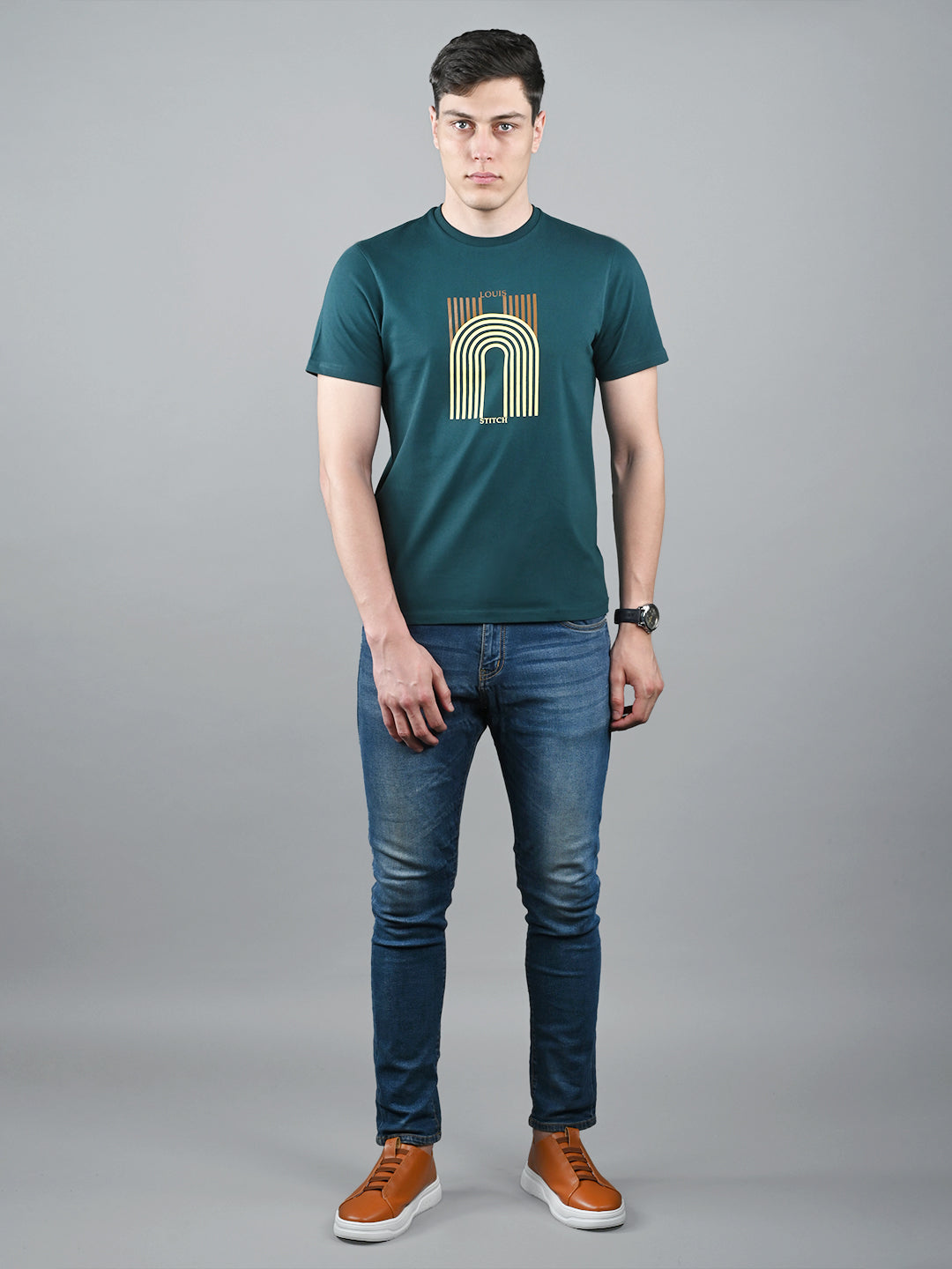 Men's Teal Green Super Combed Cotton Printed T-shirt