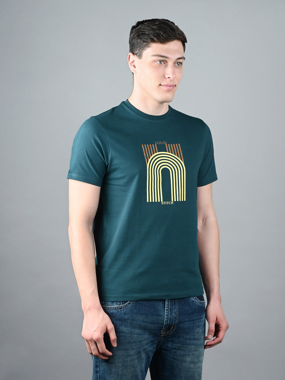 Men's Teal Green Super Combed Cotton Printed T-shirt