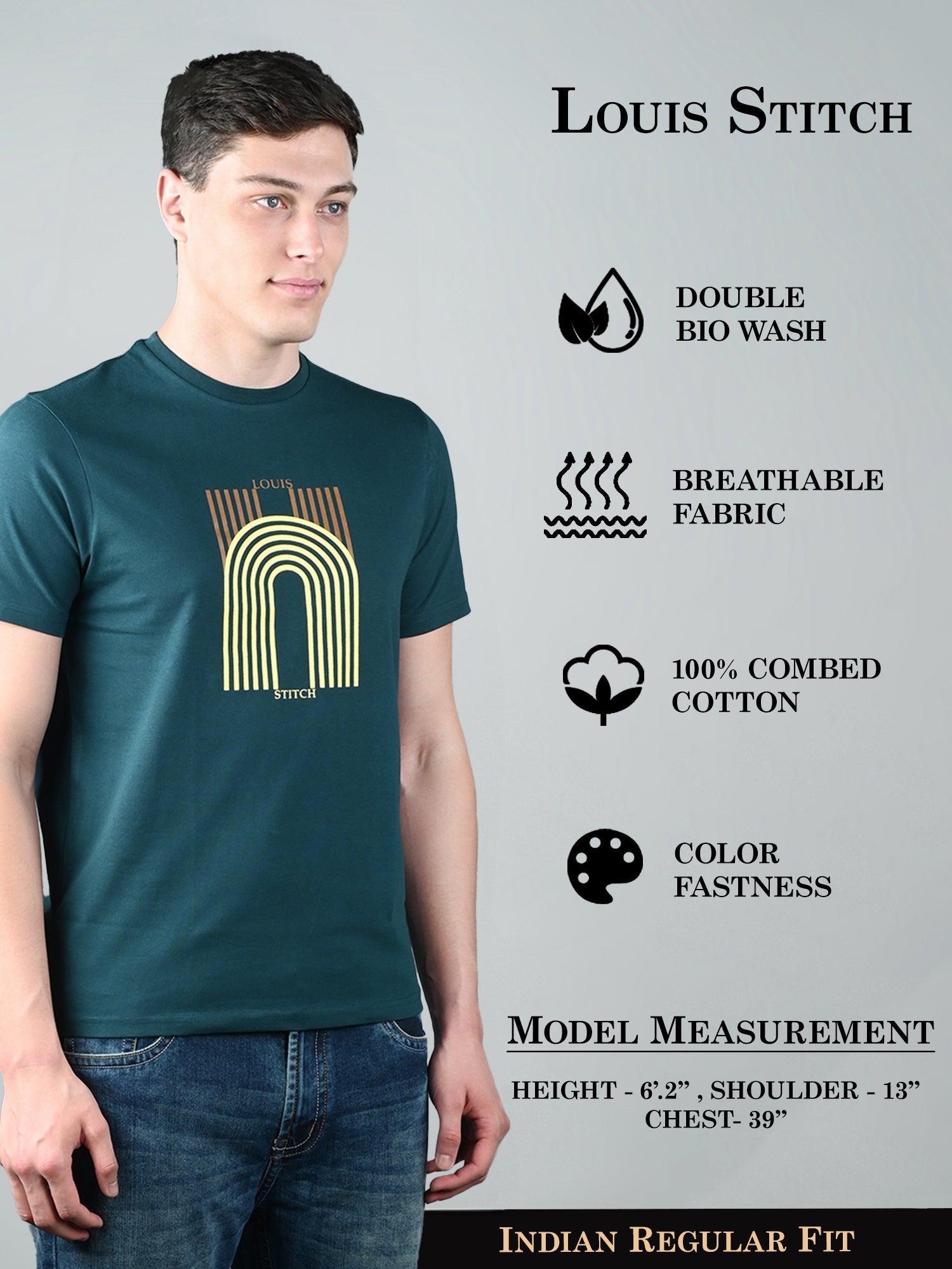 Men's Teal Green Super Combed Cotton Printed T-shirt