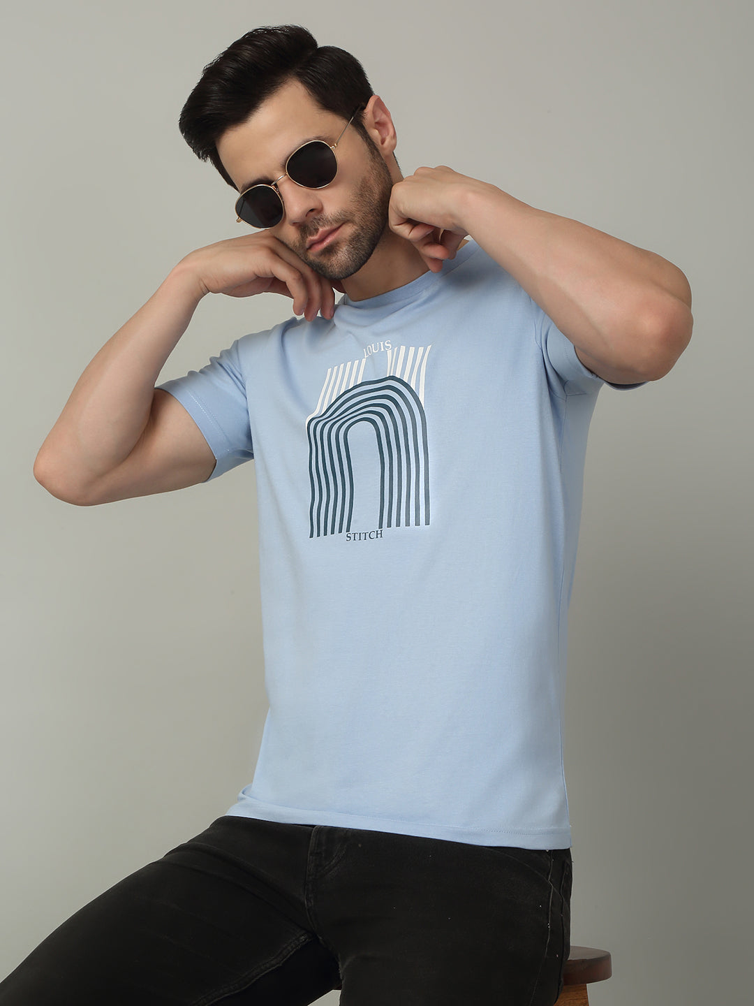 Men's Super Combed Cotton Printed Sky Blue T-shirt