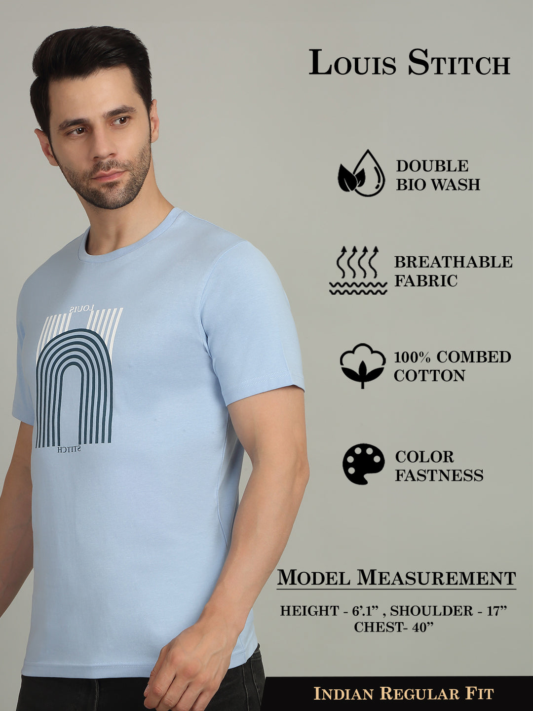Men's Super Combed Cotton Printed Sky Blue T-shirt