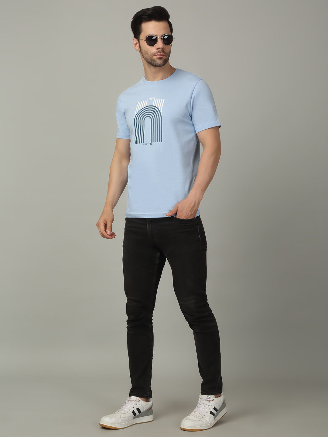 Men's Super Combed Cotton Printed Sky Blue T-shirt
