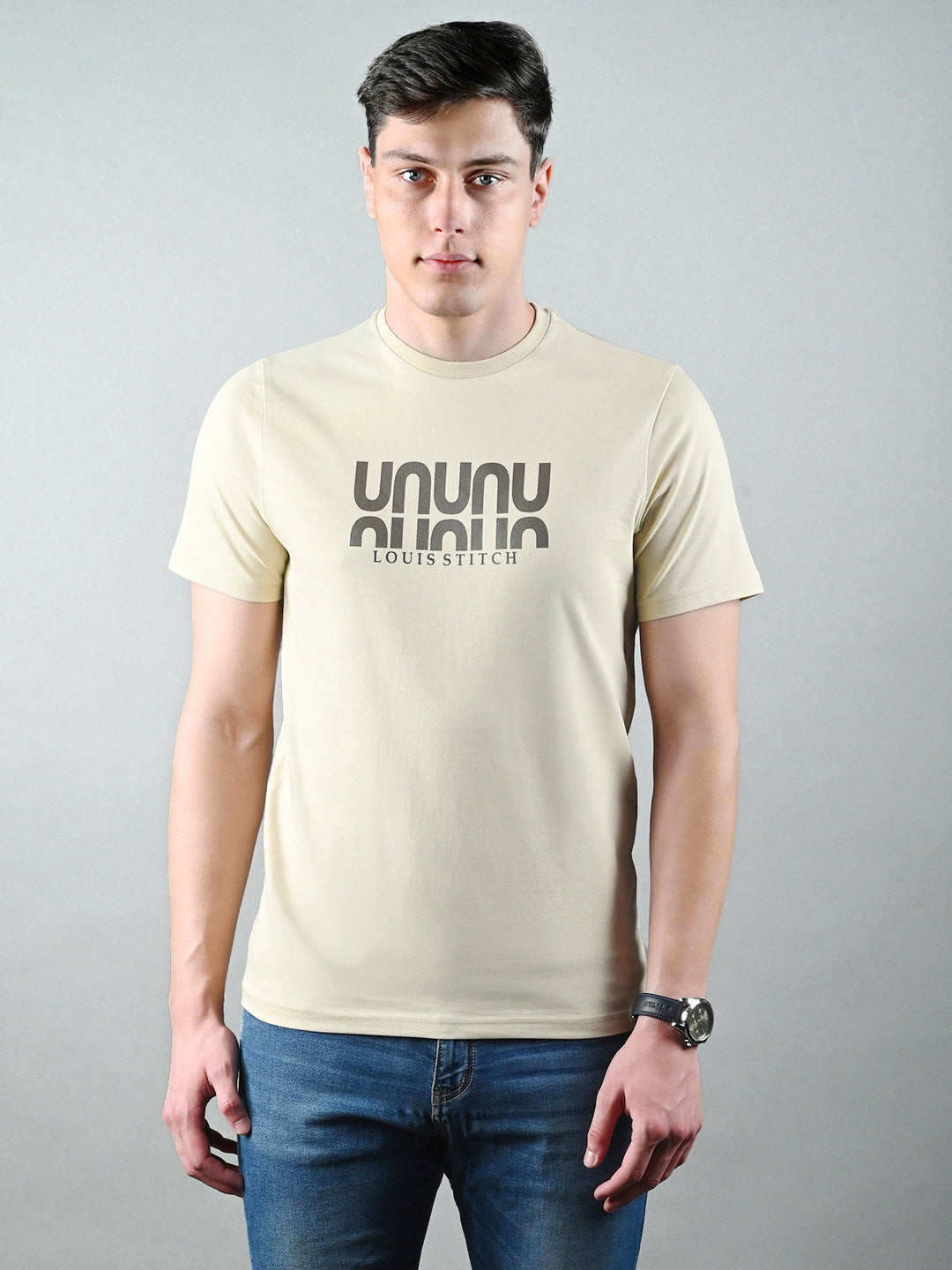 Men's Cream Super Combed Cotton Printed T-shirt