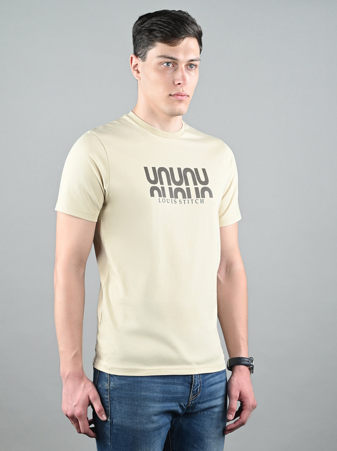 Men's Cream Super Combed Cotton Printed T-shirt