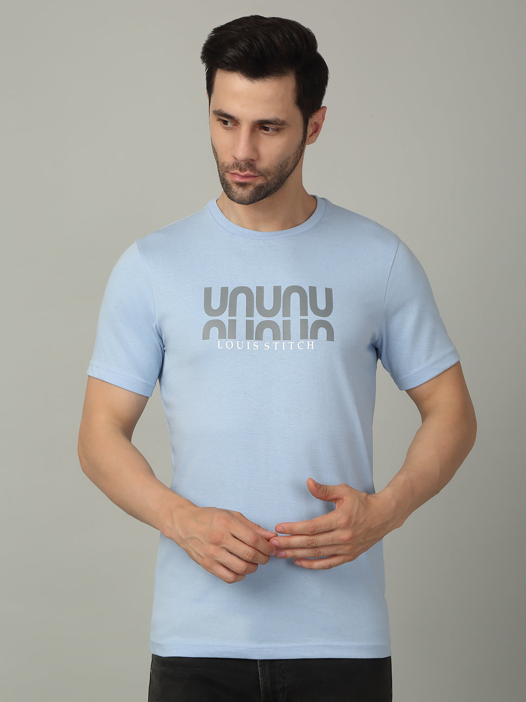 Men's Super Combed Cotton Printed Sky Blue T-shirt