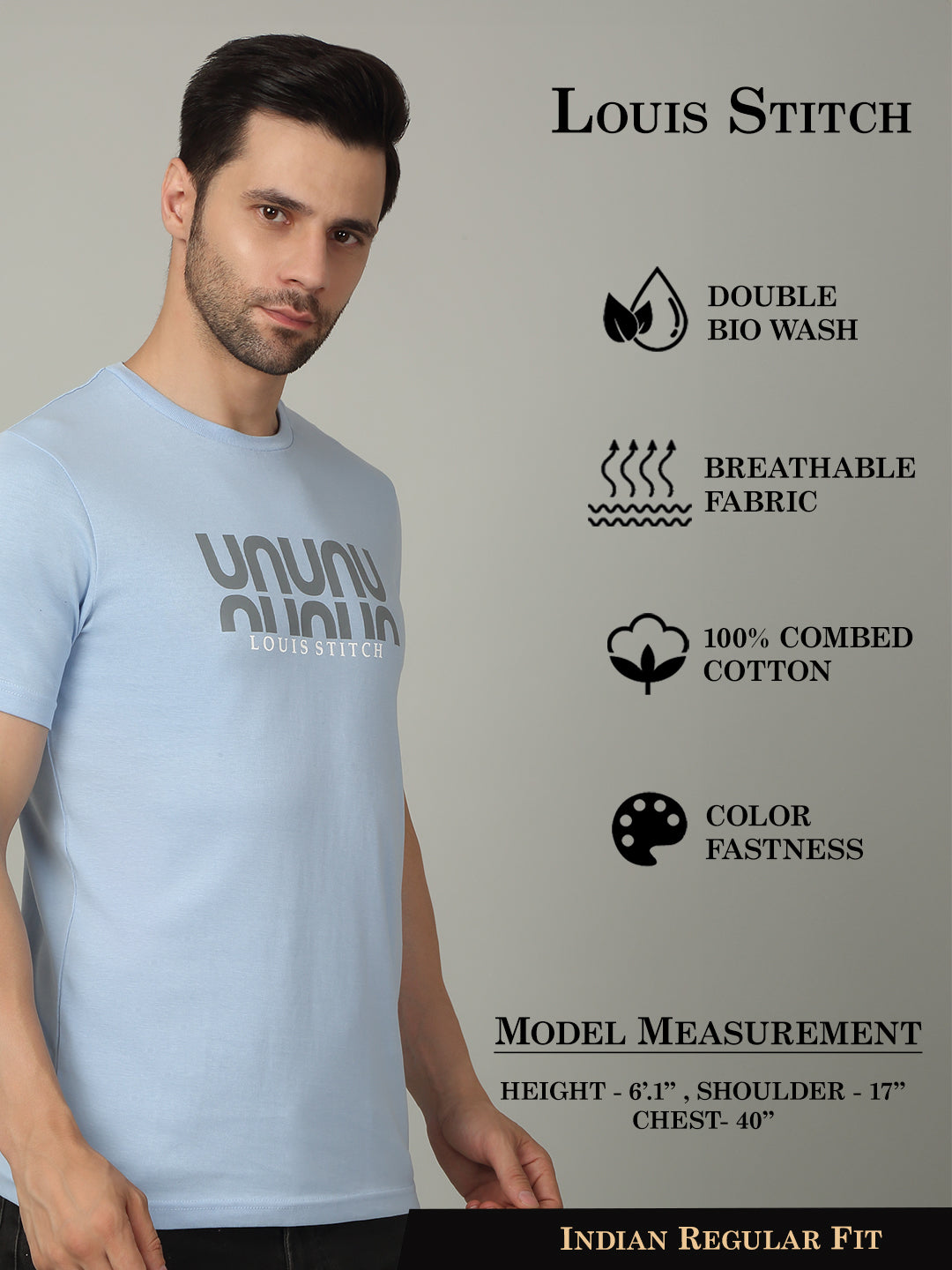 Men's Super Combed Cotton Printed Sky Blue T-shirt