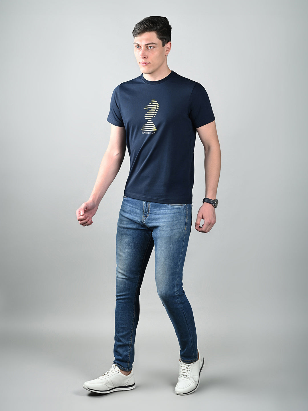 Men's Navy Blue Super Combed Cotton Printed T-shirt
