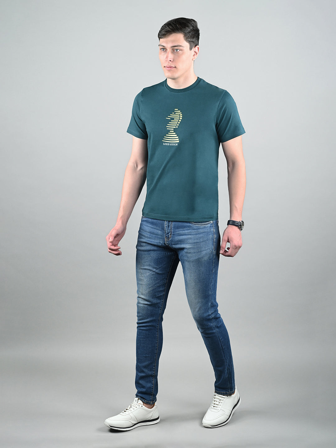 Men's Teal Green Super Combed Cotton Printed T-shirt