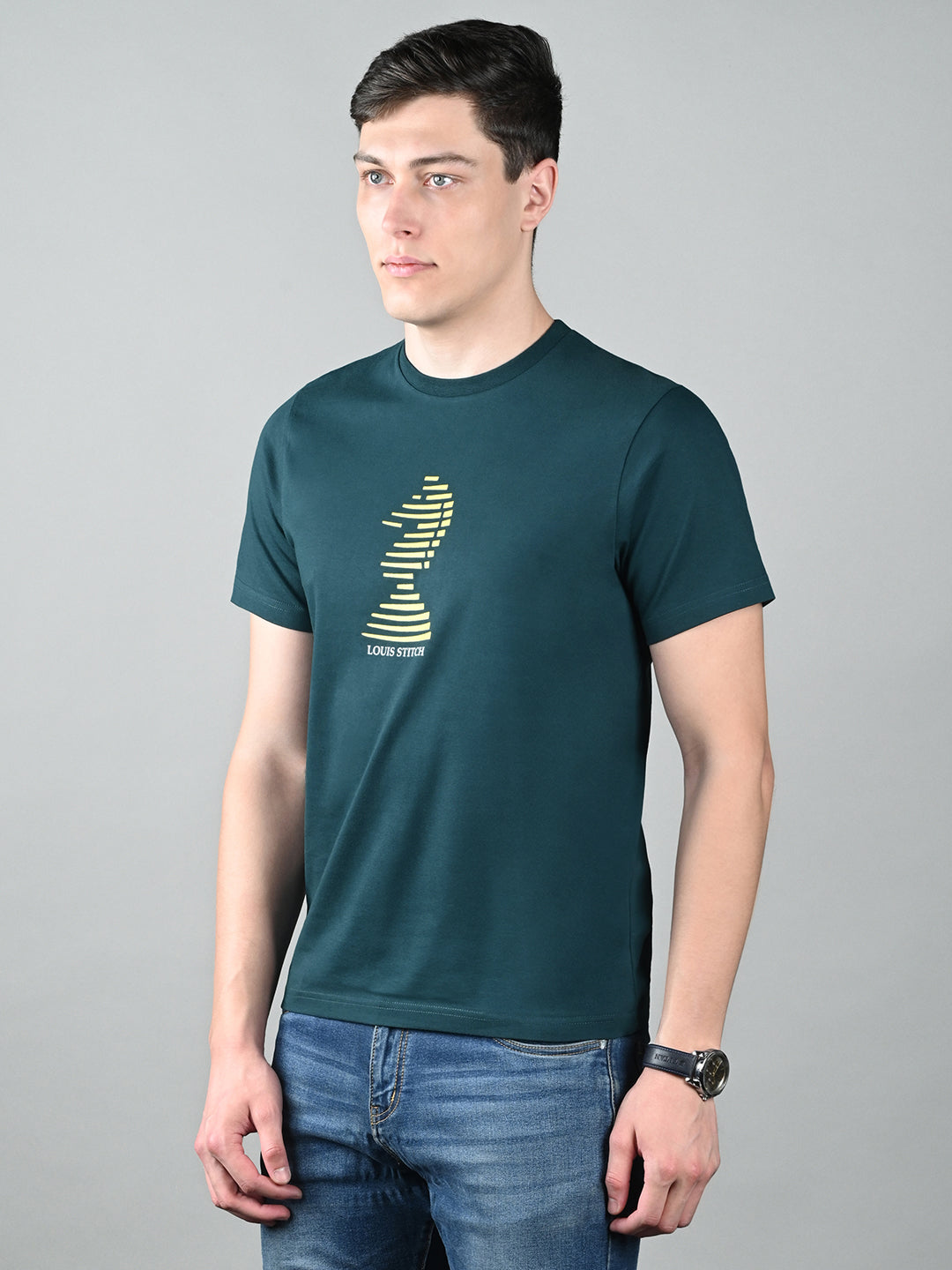 Men's Teal Green Super Combed Cotton Printed T-shirt