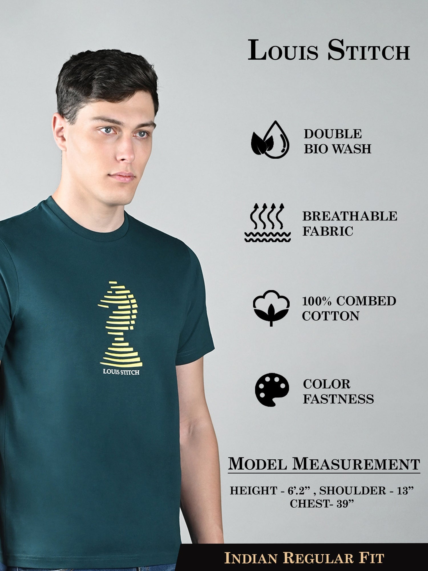 Men's Teal Green Super Combed Cotton Printed T-shirt
