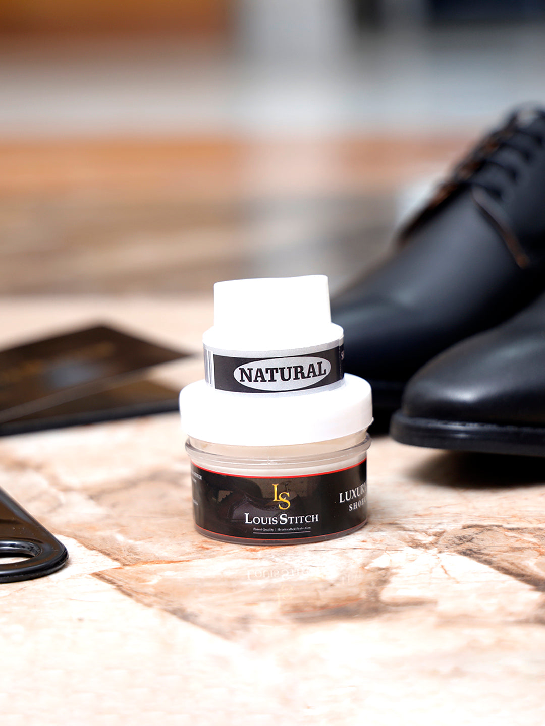 Black and Neutral Leather Shoe Cream with Applicator For Leather items