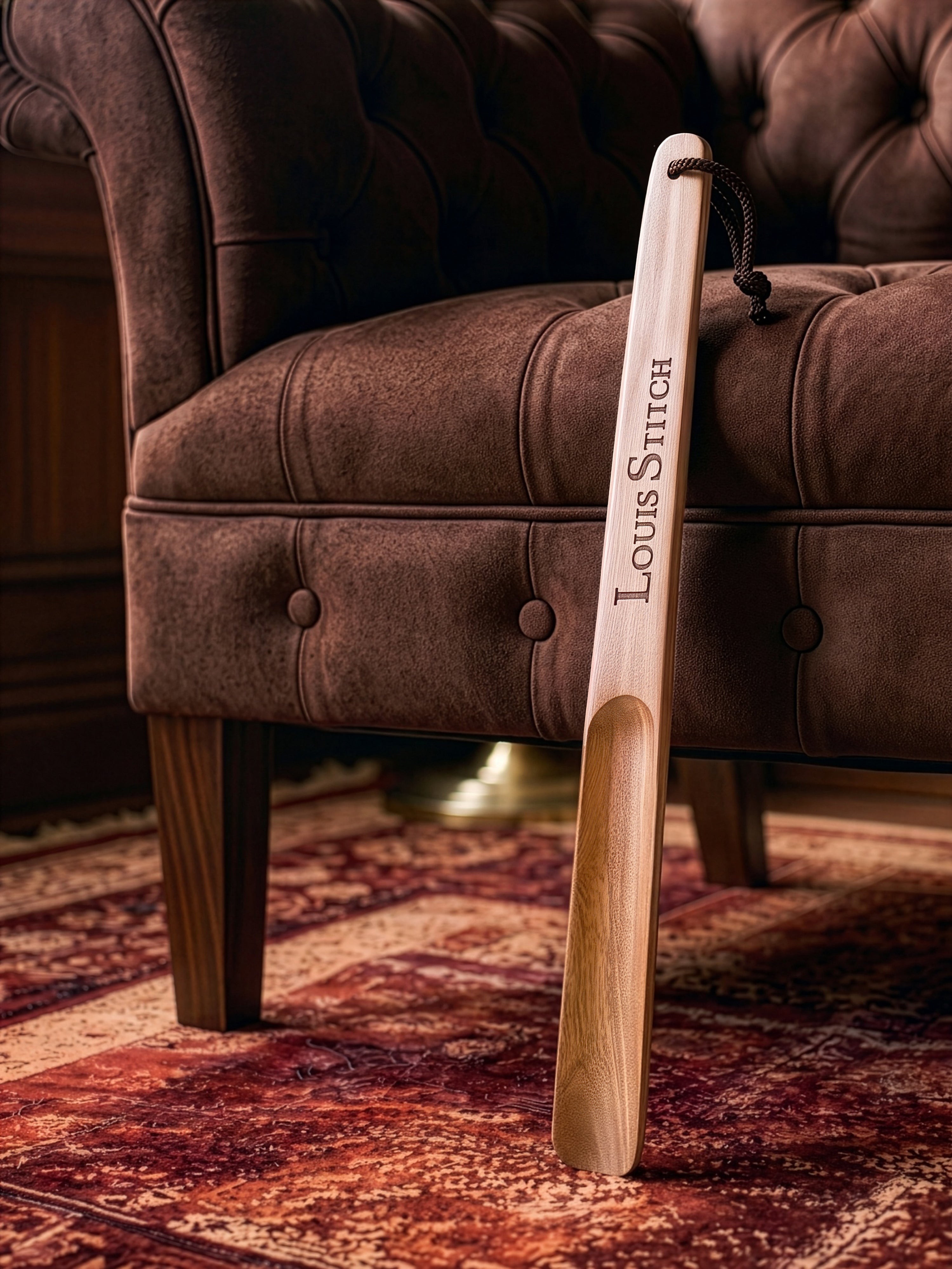 Premium 17-inch Natural Wooden Shoe Horn with Loop