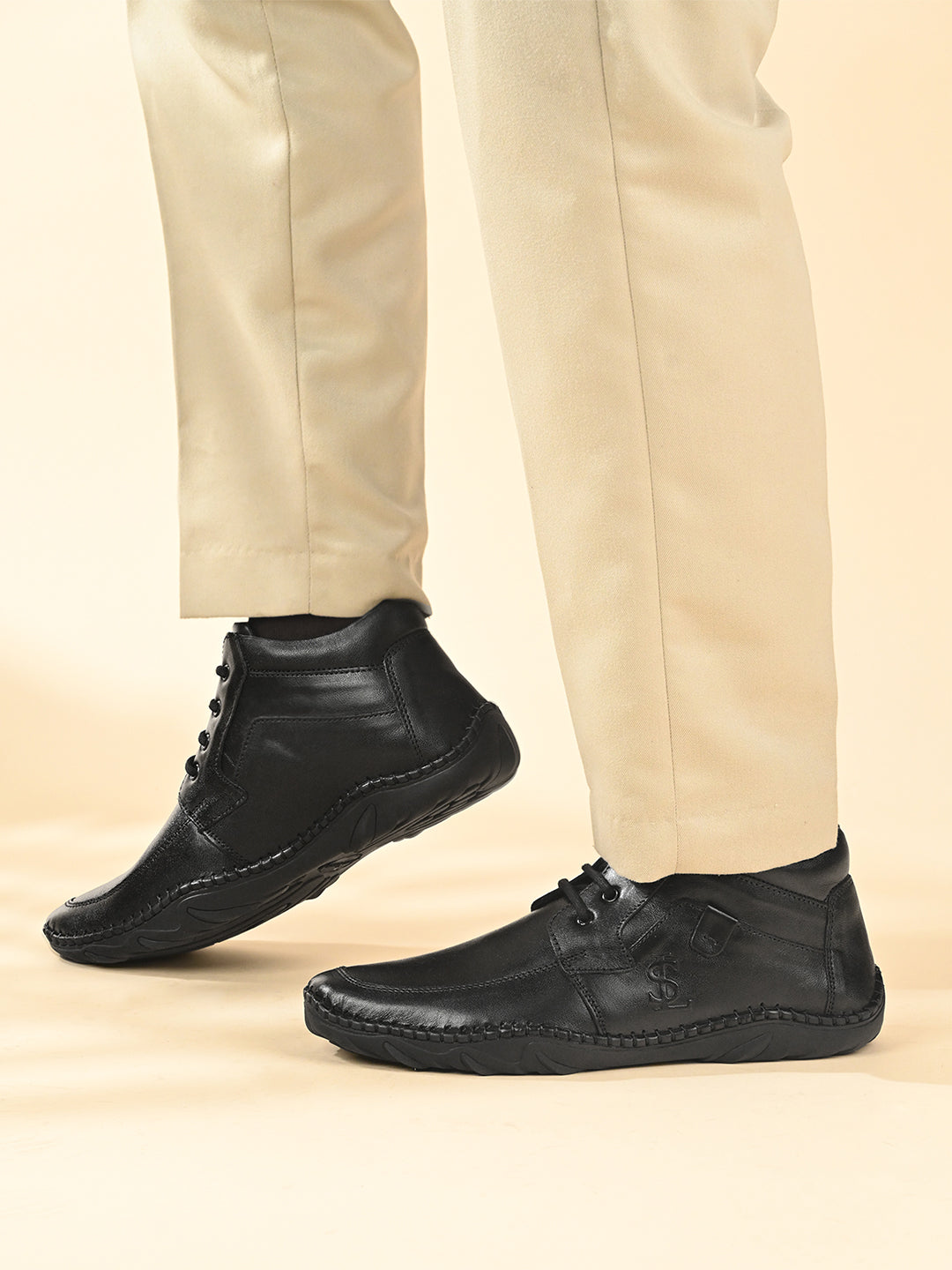 Jet Black Genuine Leather Ultra Lightweight Mid-Ankle Derby Shoes