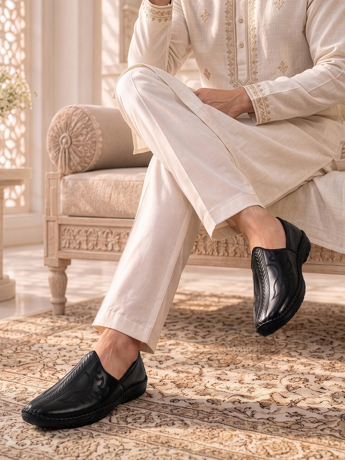 Jet Black Ethnic Slip-On Texture Nagra Juti and Mojari