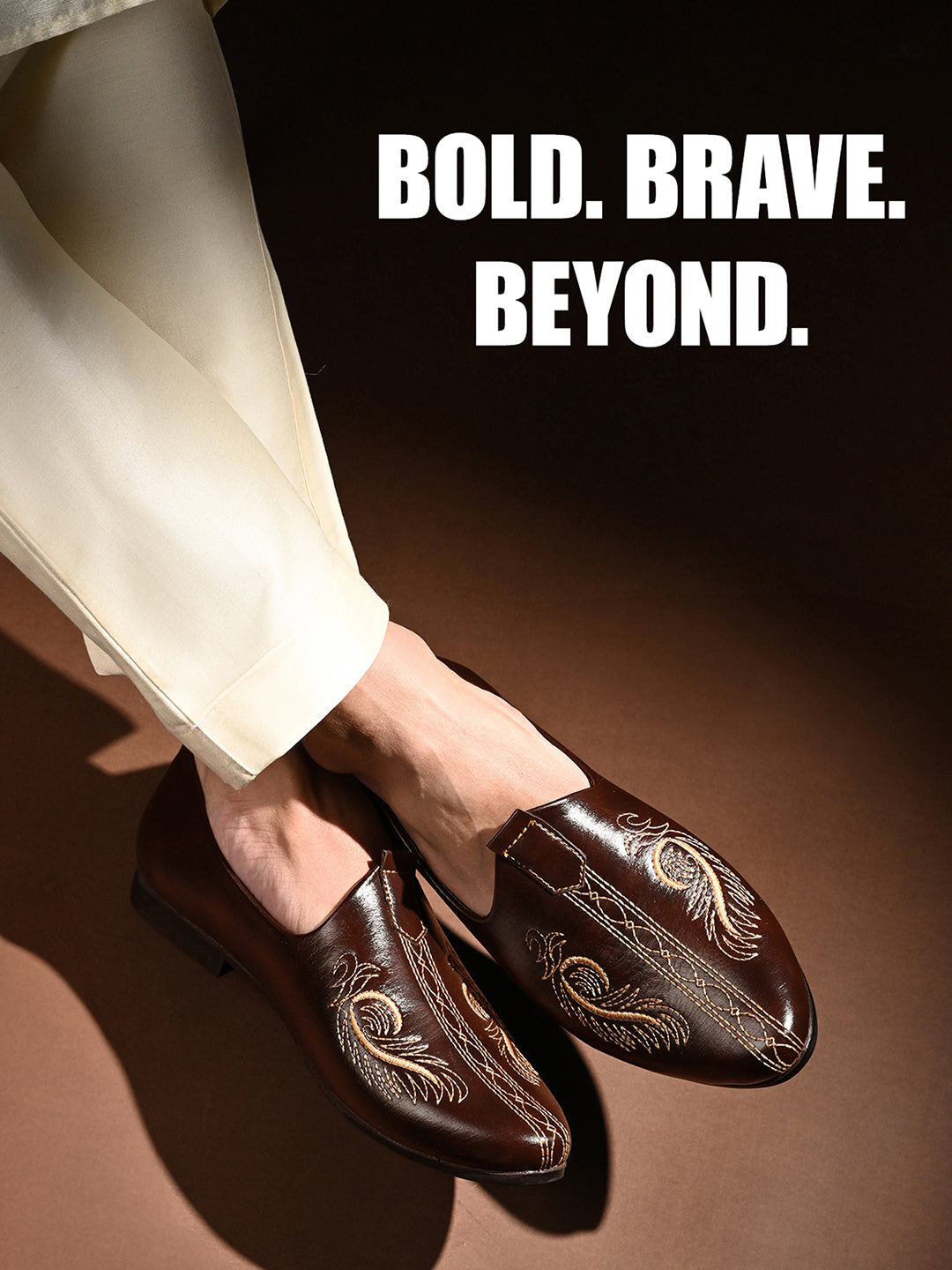 Brunette Brown Ethnic Slip-On Embroided Nagra Juti and Mojari