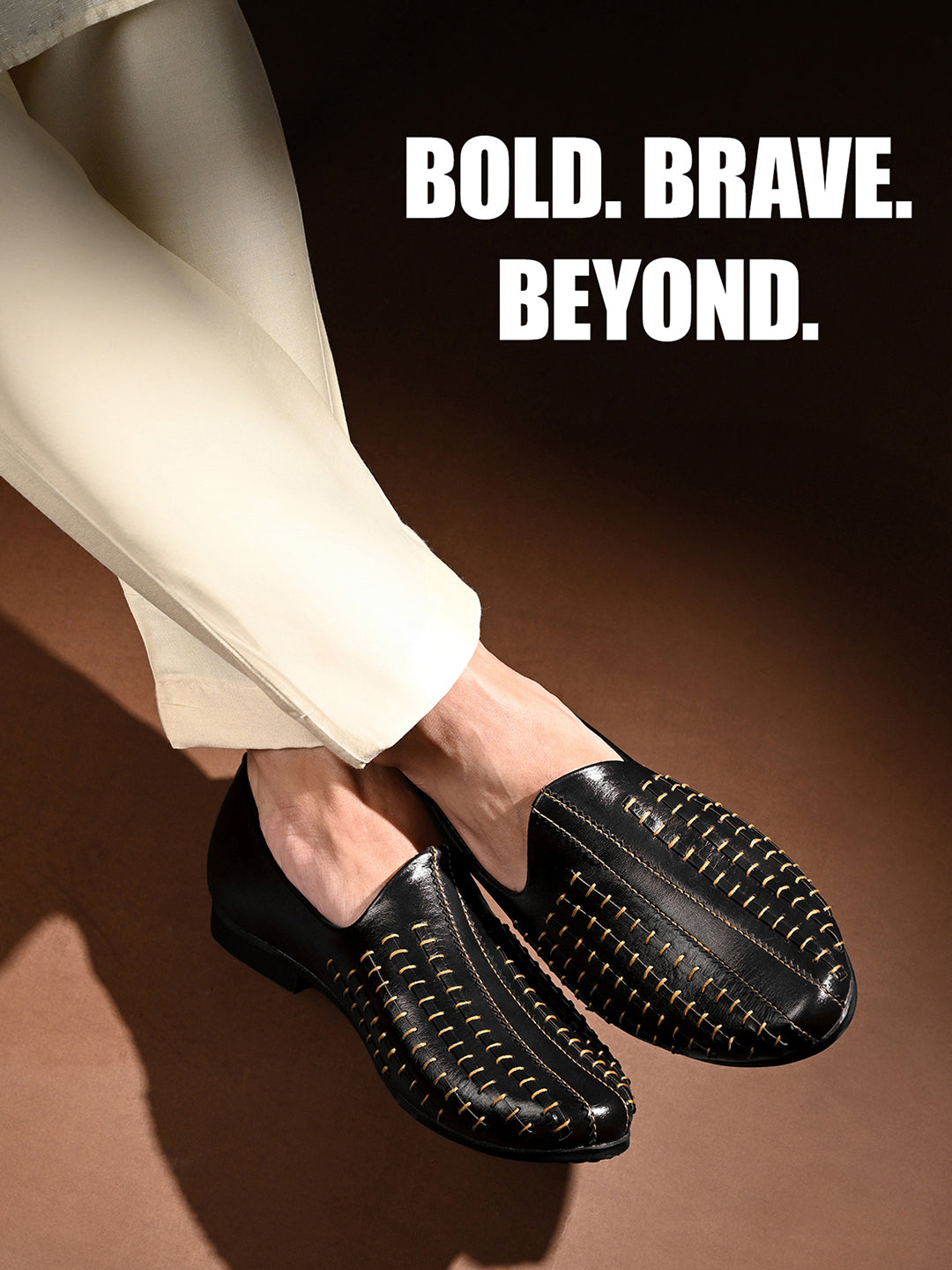 Jet Black Ethnic Slip-On Multi-Strip Nagra Juti and Mojari