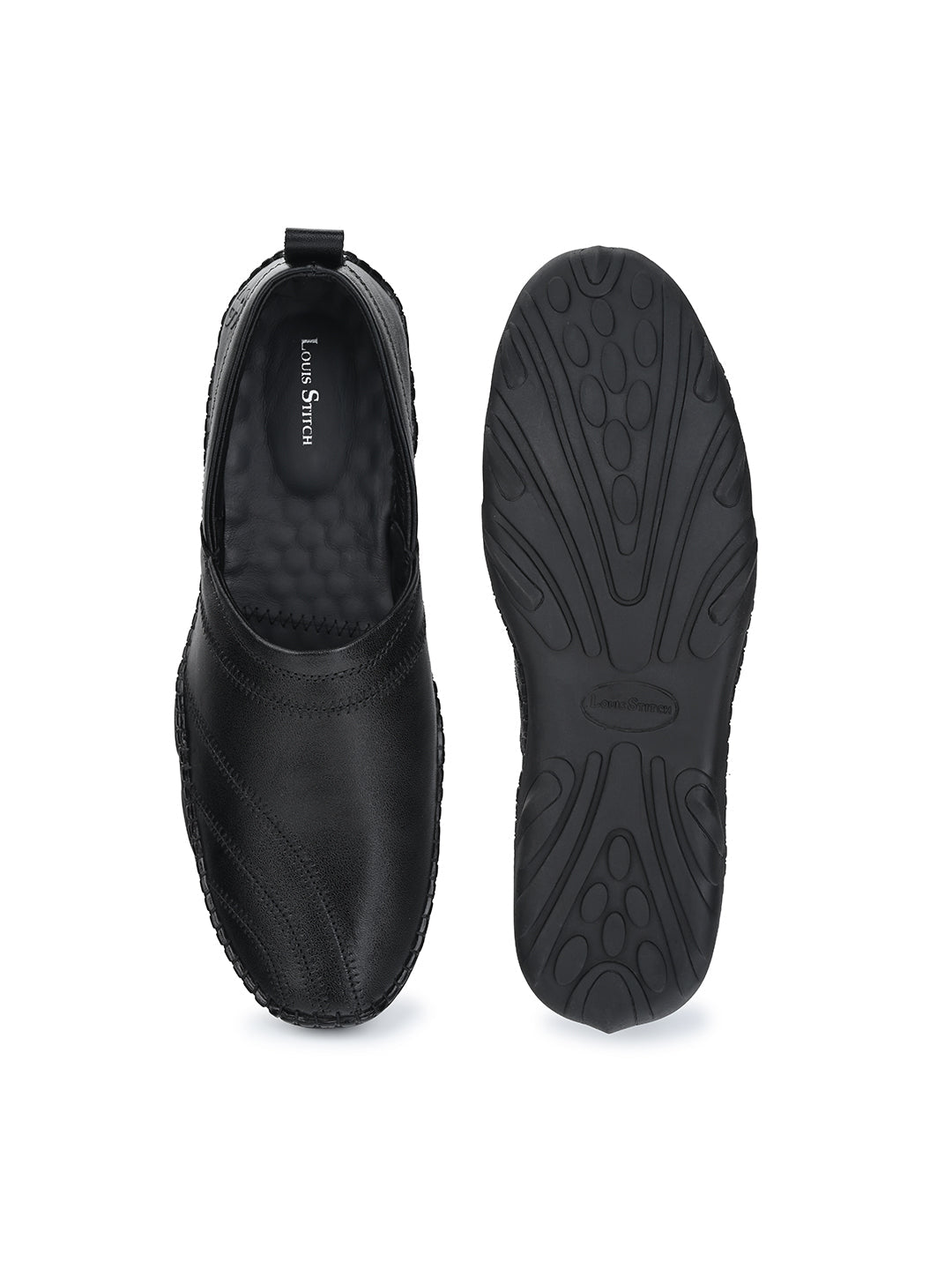 Jet Black Genuine Leather Ultra Lightweight Stylish Stich Nagra Jutis and Mojaris