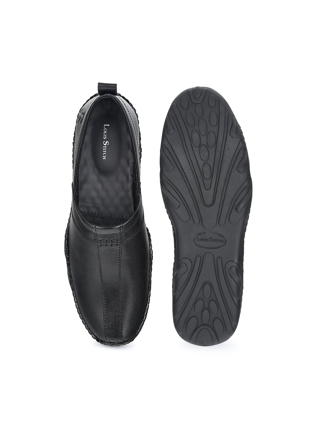 Jet Black Genuine Leather Ultra Lightweight Stylish Stich Nagra Jutis and Mojaris