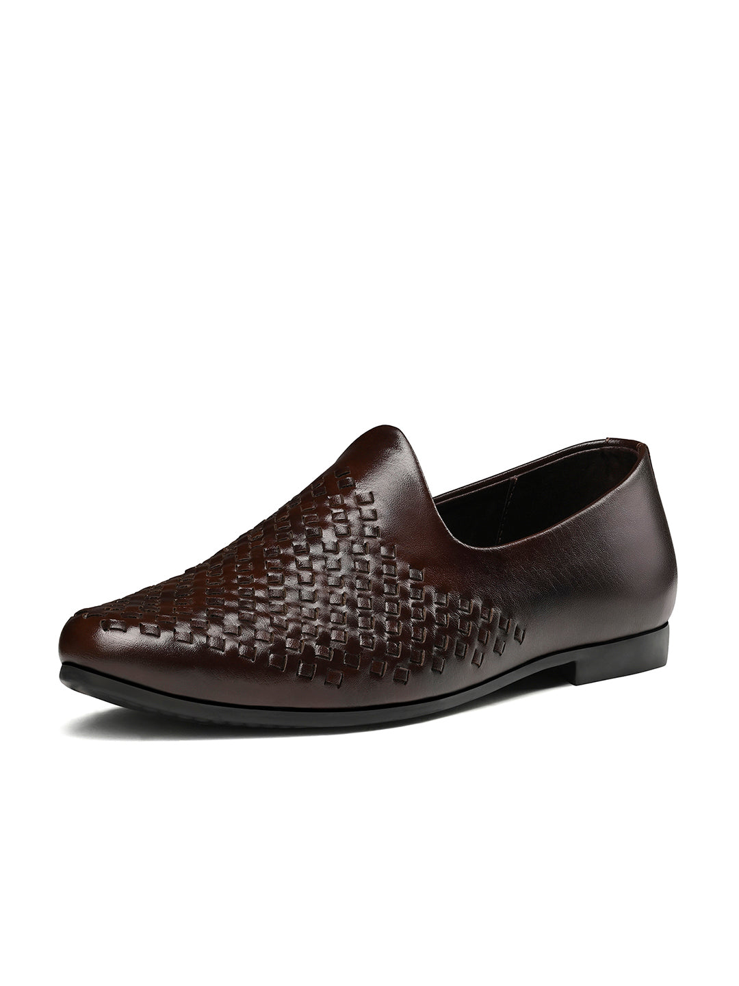 Brunette Brown Ethnic Slip-On Weaved Texture Nagra Juti and Mojari