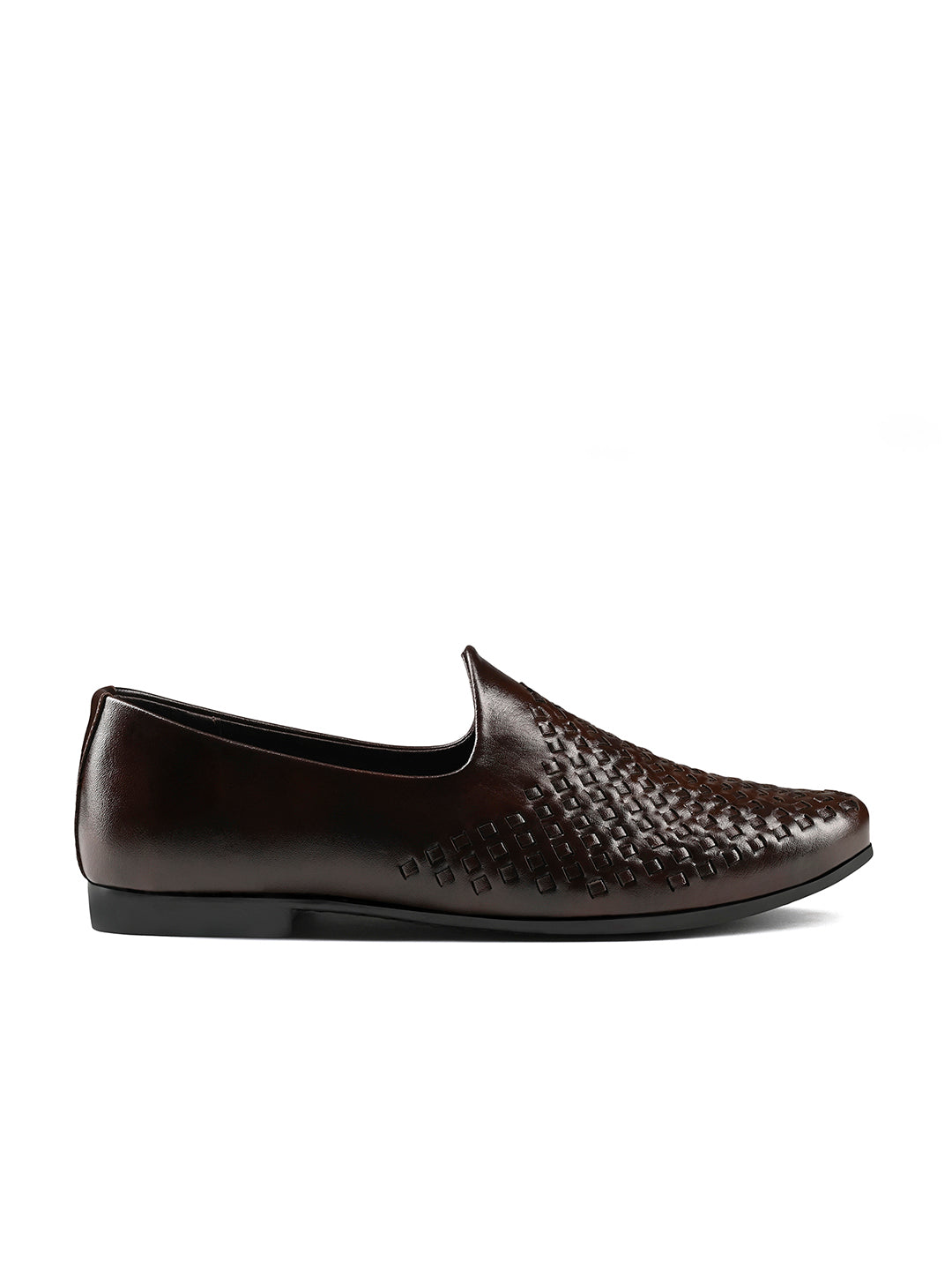 Brunette Brown Ethnic Slip-On Weaved Texture Nagra Juti and Mojari
