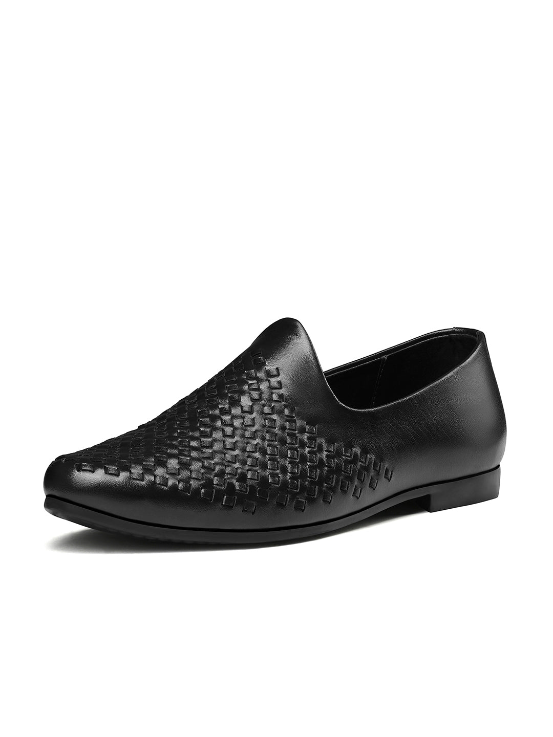 Jet Black Ethnic Slip-On Weaved Texture Nagra Juti and Mojari