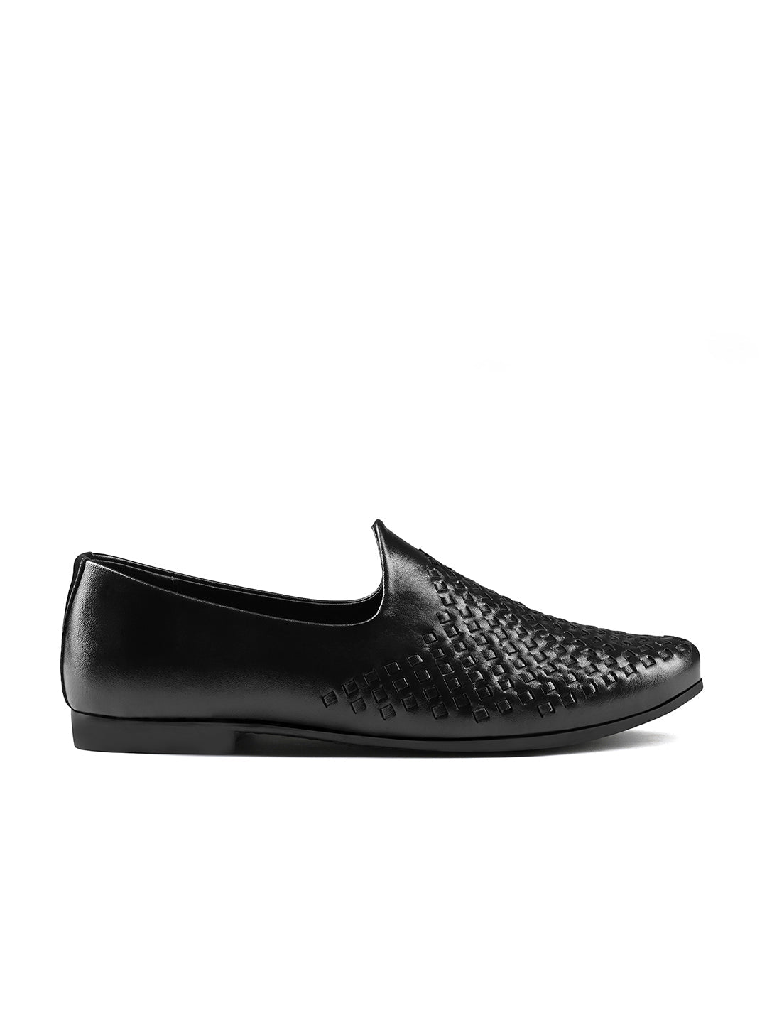 Jet Black Ethnic Slip-On Weaved Texture Nagra Juti and Mojari