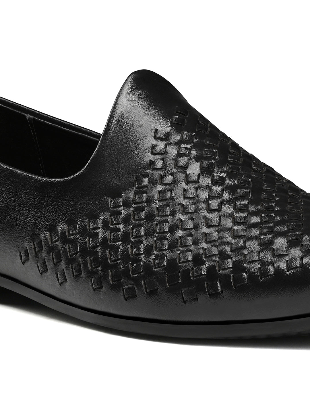 Jet Black Ethnic Slip-On Weaved Texture Nagra Juti and Mojari