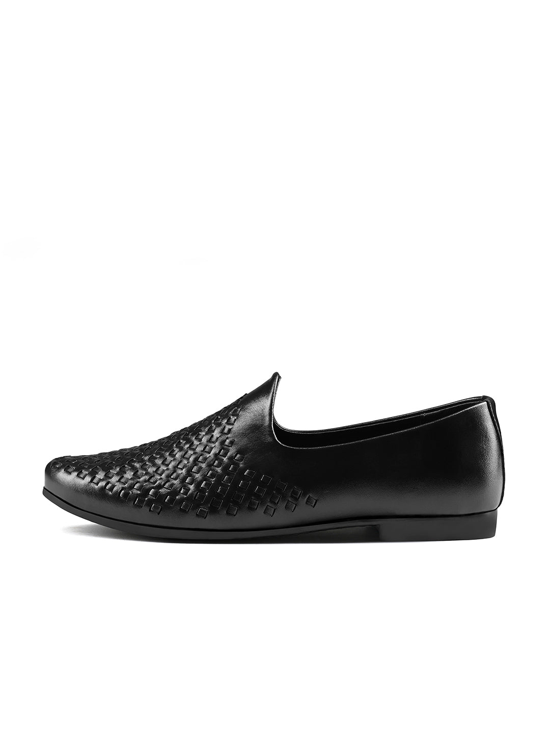Jet Black Ethnic Slip-On Weaved Texture Nagra Juti and Mojari
