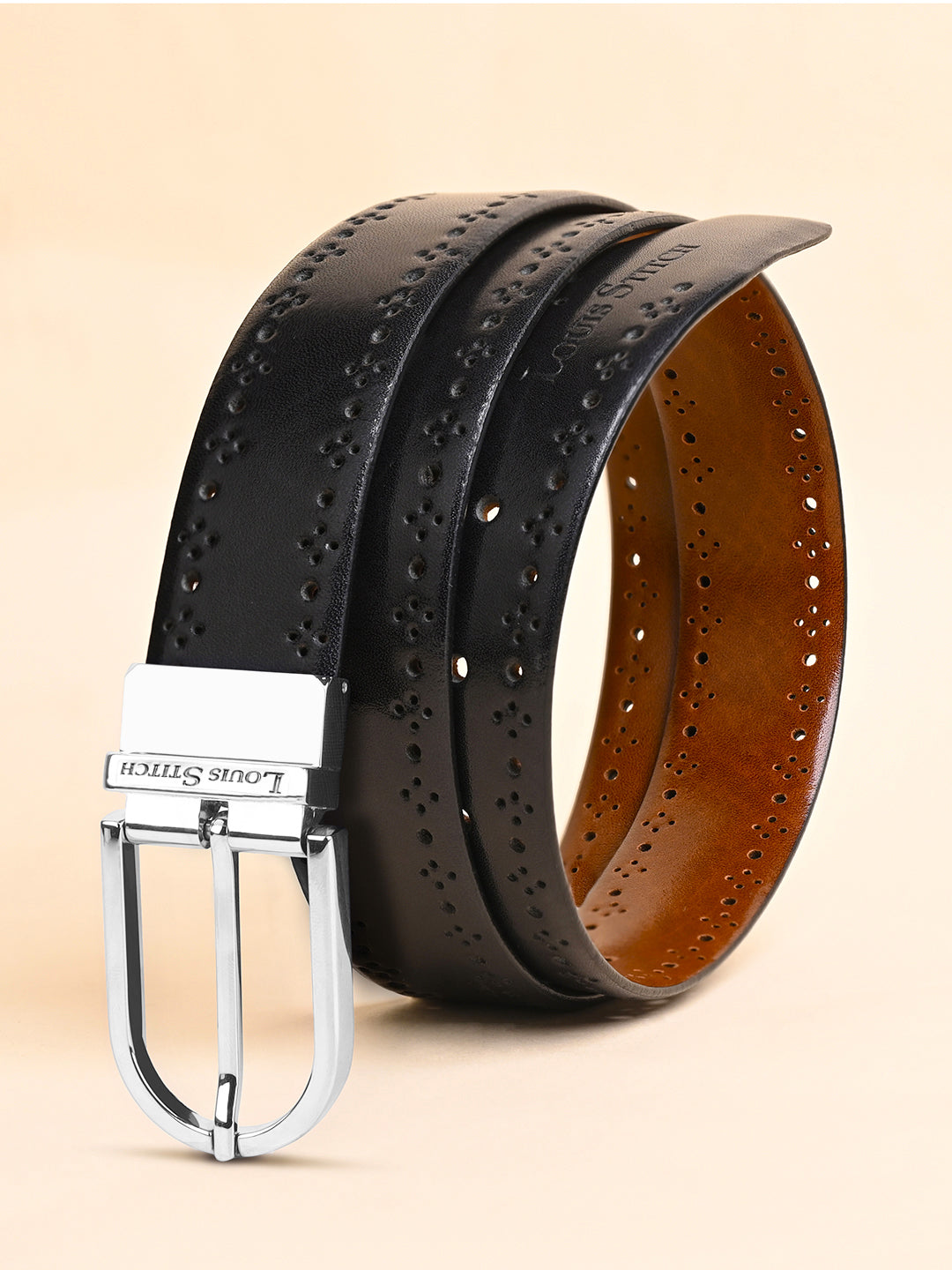 Handcrafted Spanish Leather Brogue Punch Reversible Belt For Men