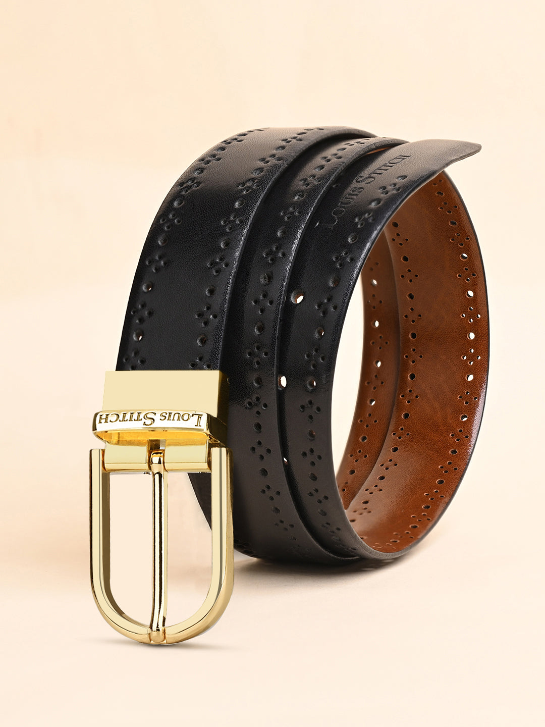 Handcrafted Spanish Leather Brogue Punch Reversible Belt For Men